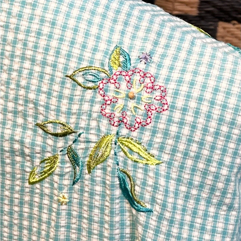 VINTAGE picnic gingham check seersucker plaid button down shirt aqua‎ floral 90s